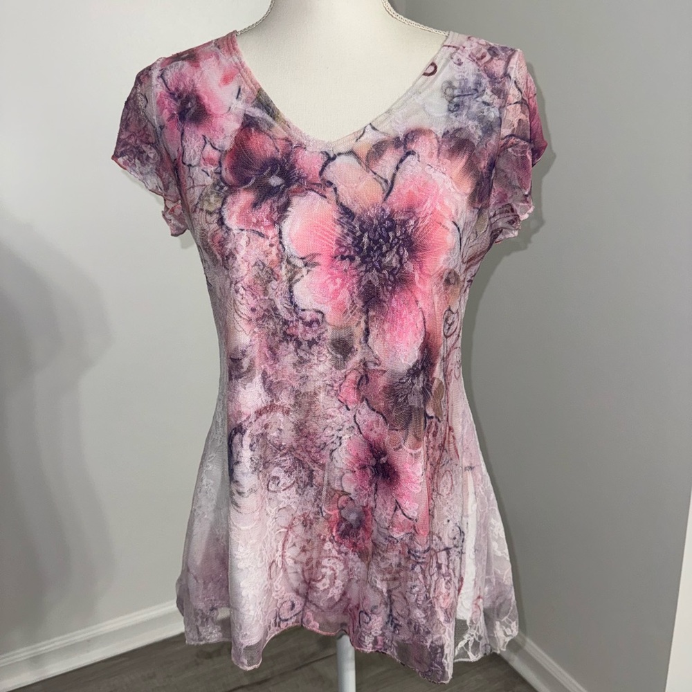 Brittany Black Pink Purple Floral Mesh Tunic Top M Sheer Lace Hem‎ Whimsical Y2K